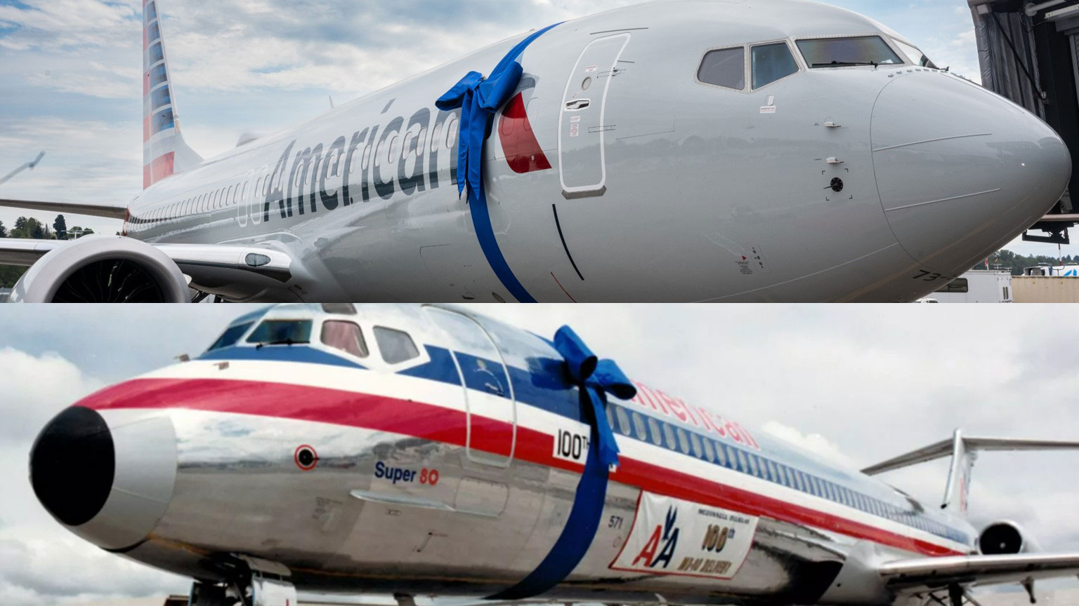 Two photos show a 737 MAX in 2026 and MD-80 in 1987, each wrapped with a blue bow