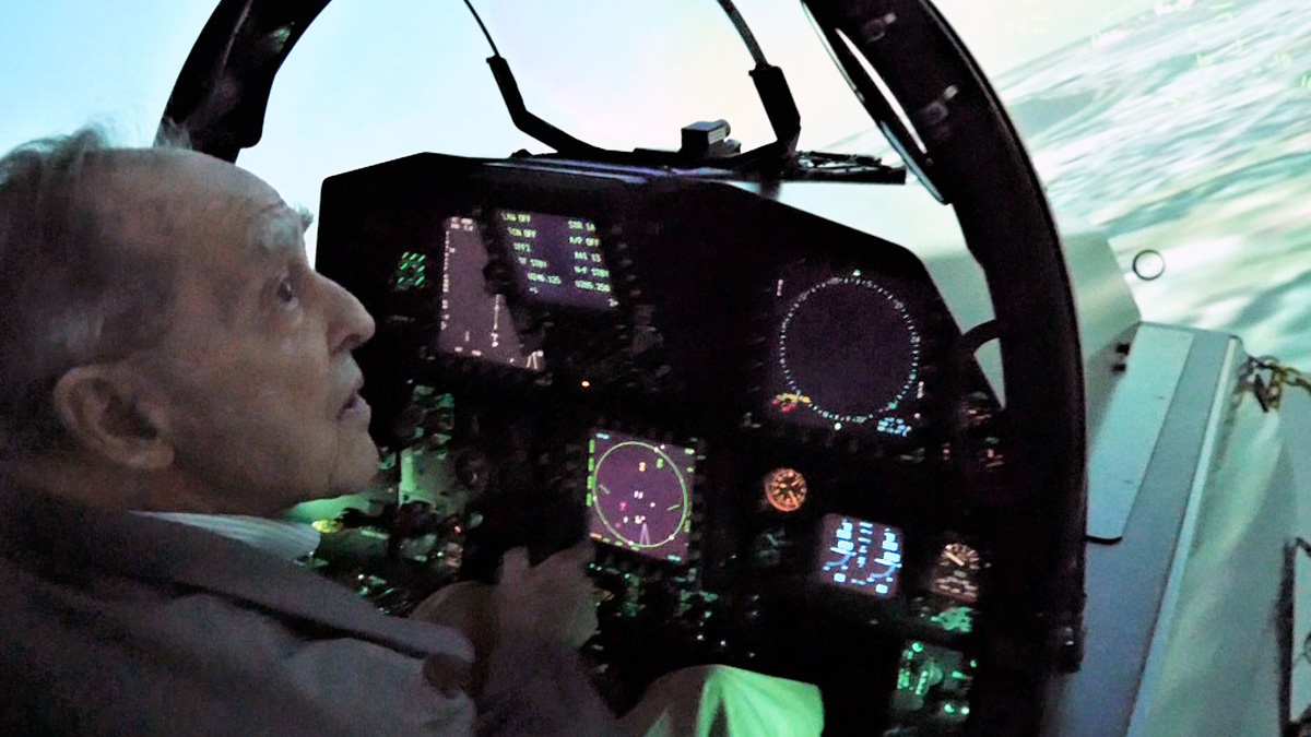 Irv Burrows in an Advanced F-15 simulator at the Boeing St. Louis site in 2018. (© Boeing)