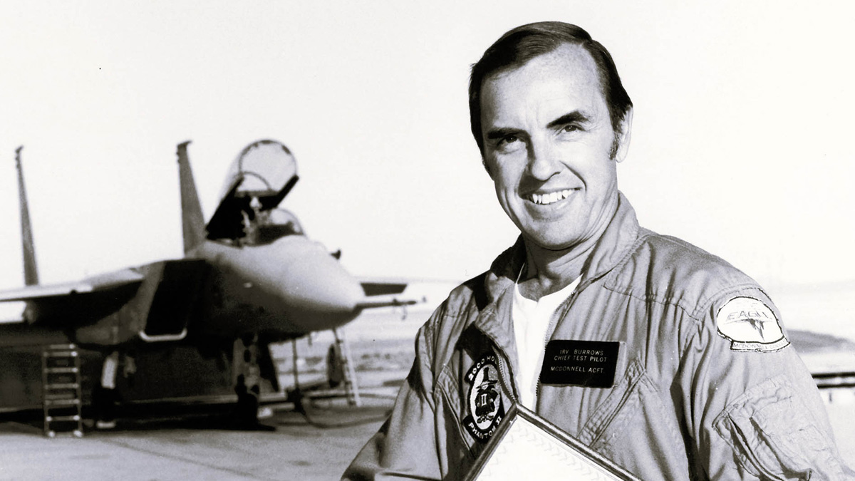 Irv Burrows in front of an F-15 in 1973. (© Boeing Archives)
