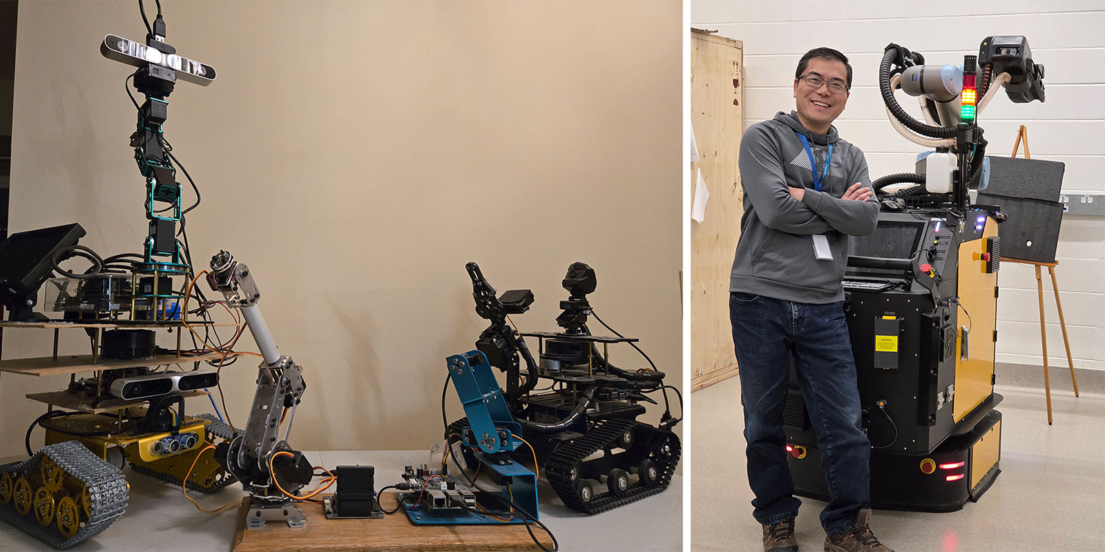 engineer stands with cobot and displays cobot samples
