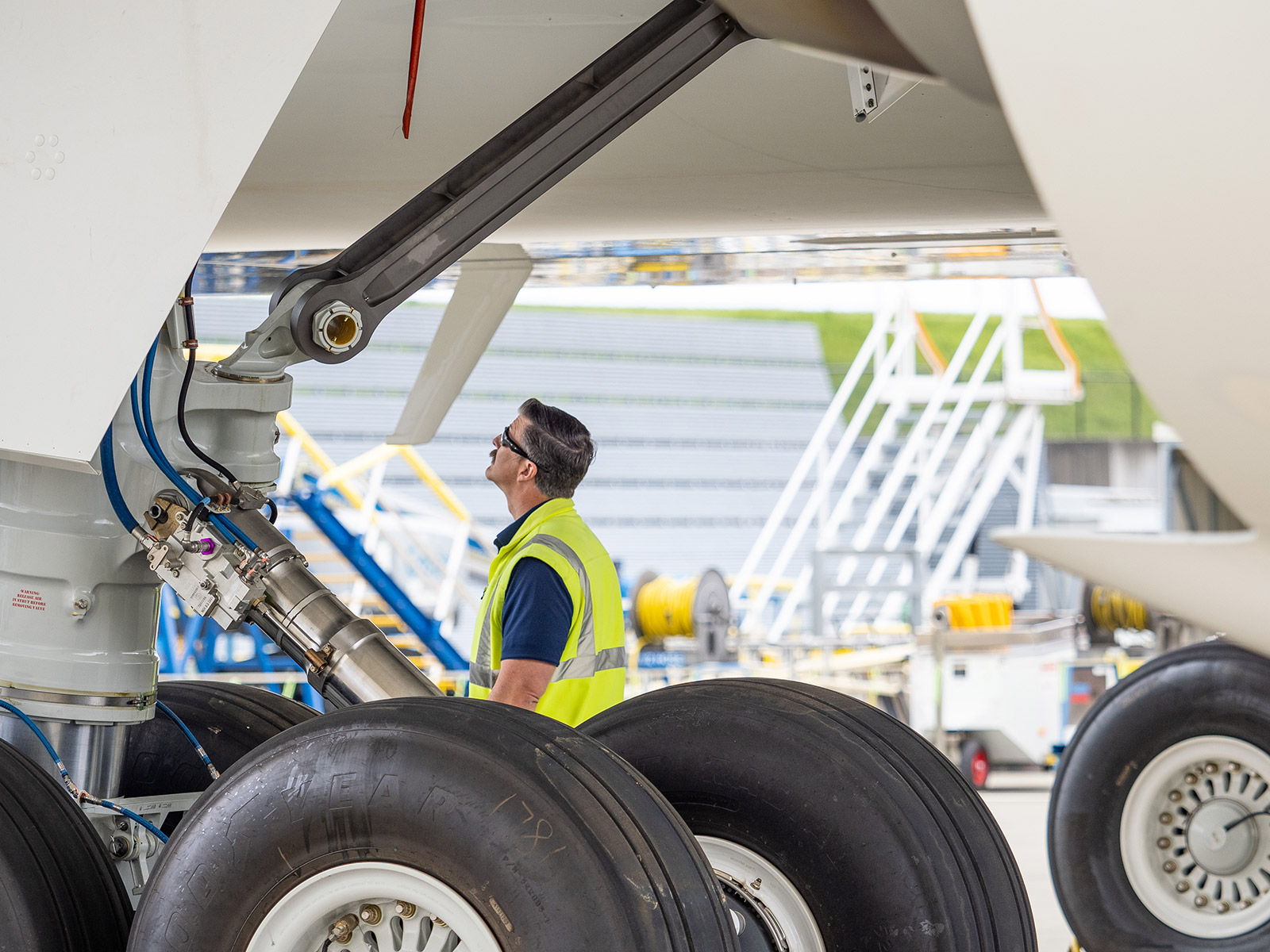 A Boeing pilot inspects a 777-9 airplane