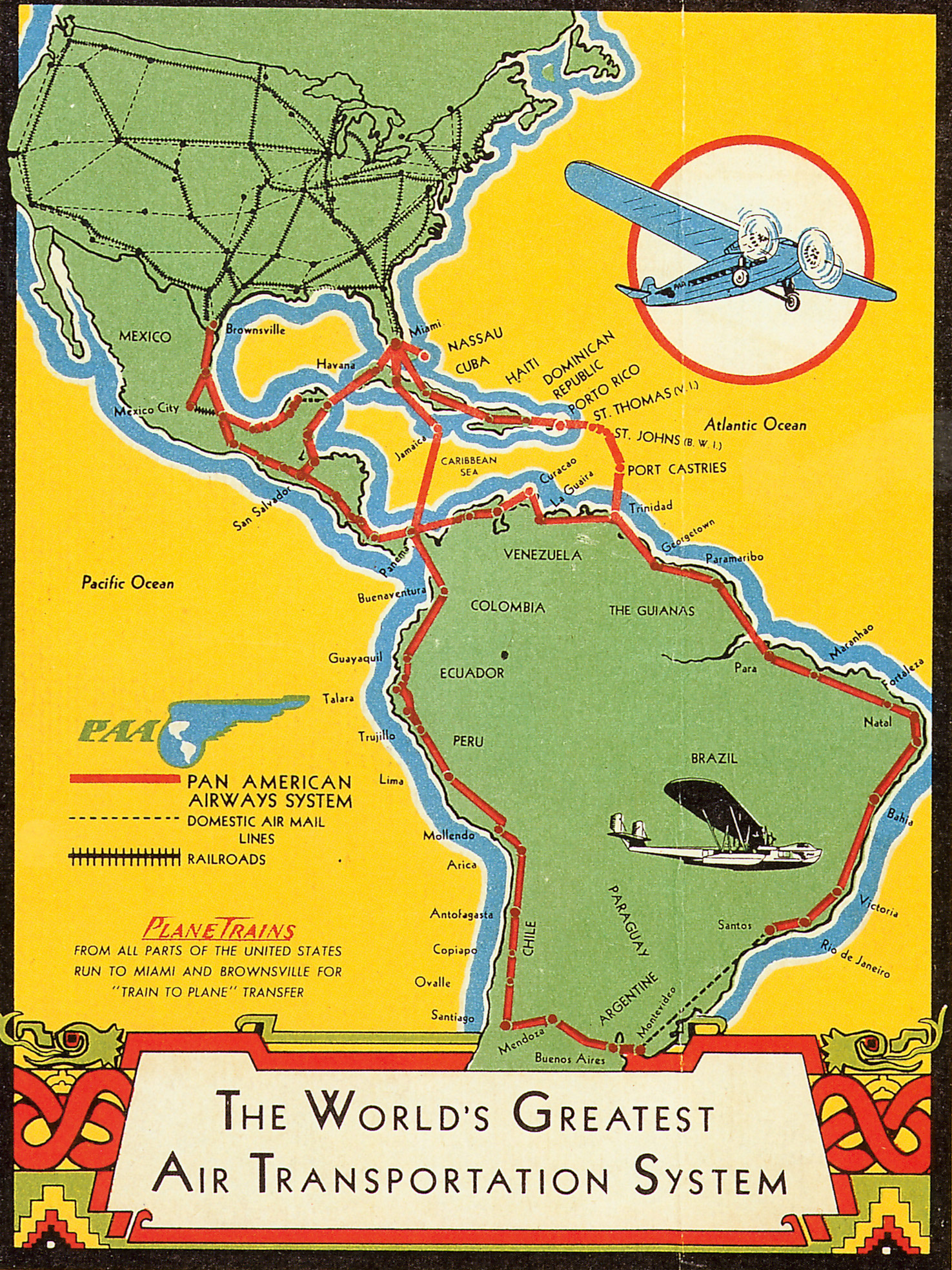 color map of old Pan American Airline routes to Latin and South America