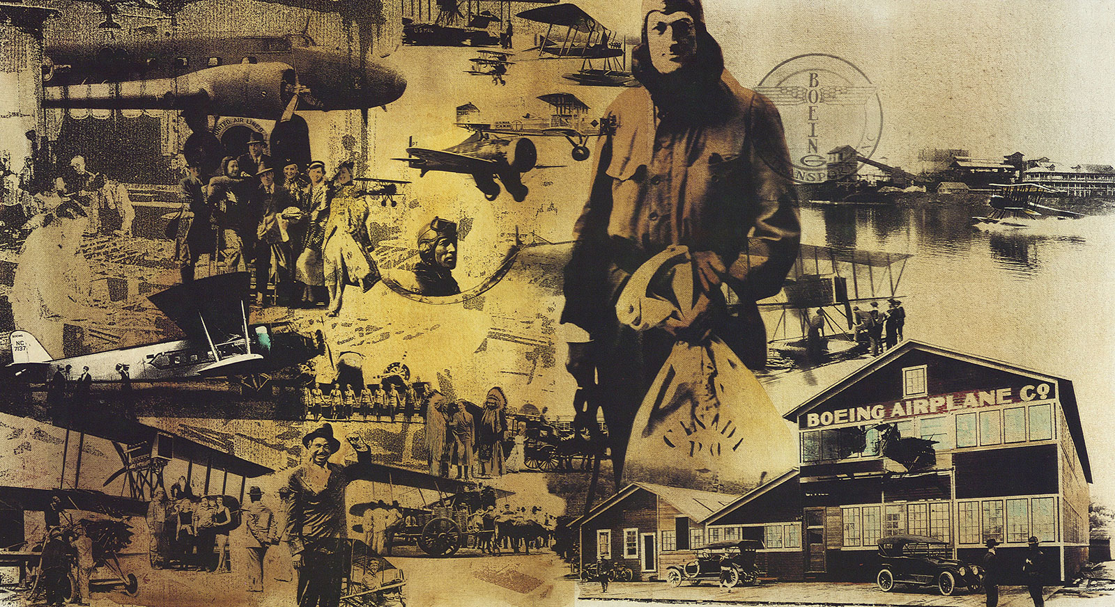 Color collage of early Boeing products and people