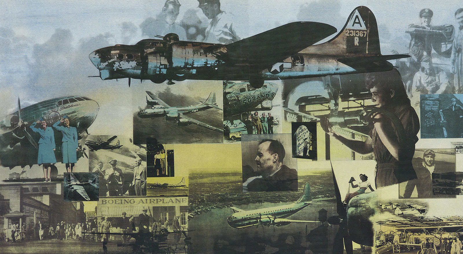 Color collage of Boeing products and people
