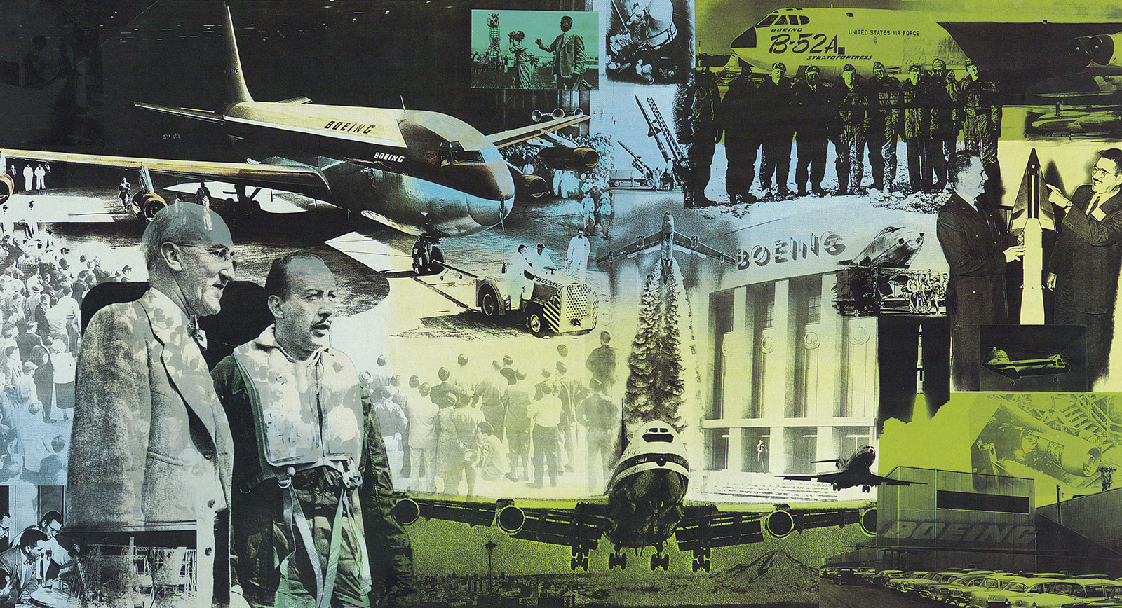 Color collage of Boeing products and people