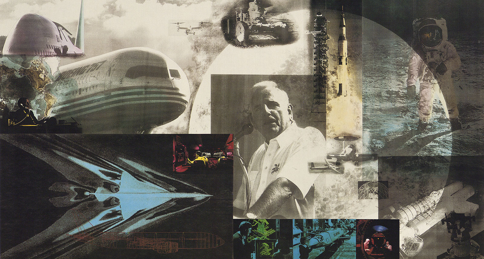 Color collage of Boeing products and people