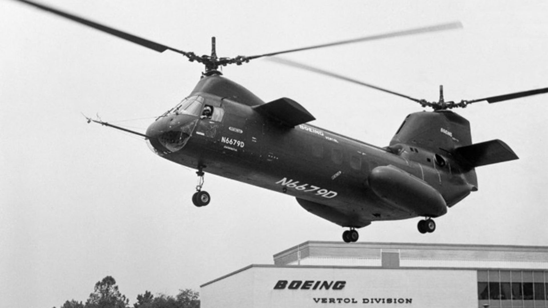 The Model 107 Test Bed Vehicle Hovering over Vertol Division, c. 1950s.