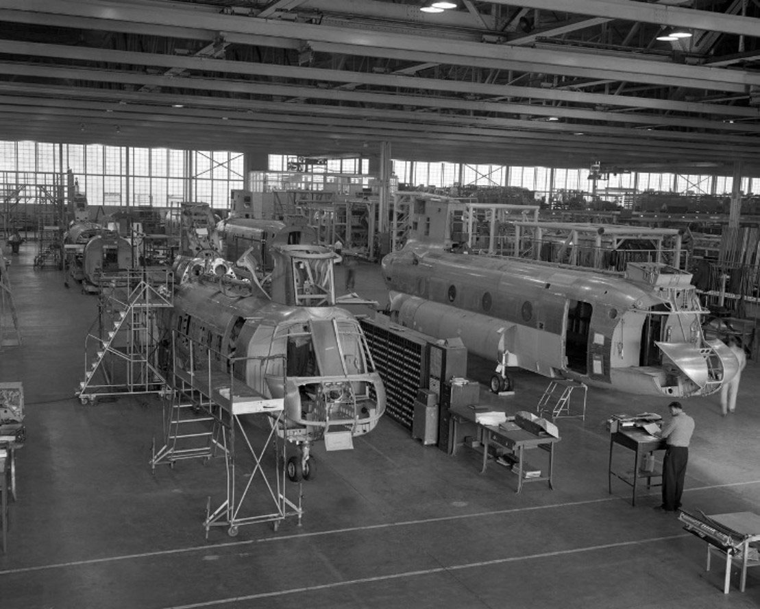 The Boeing Vertol CH-47 manufacturing line reached peak production of 30 helicopters per month in 1967 and 1968.