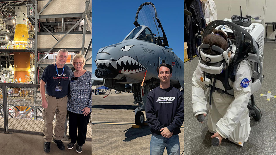 Left: Overton and his wife Jennifer stand across the VAB from Artemis II just days before its first rollout. Middle: Deven Perez represents Boeing Defense, Space & Security while volunteering at The Great Texas Airshow at Joint Base San Antonio-Randolph. Right: Farah Al Fulfulee wears an analog suit with a virtual reality set that shows the Moon