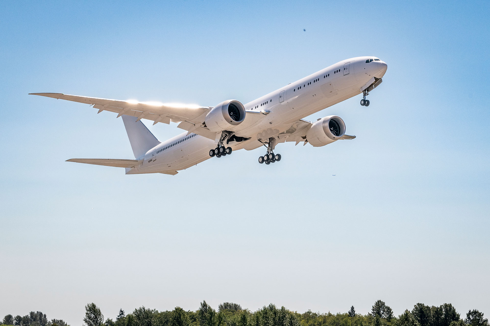 The seventh 777-9 takes off on its first flight.