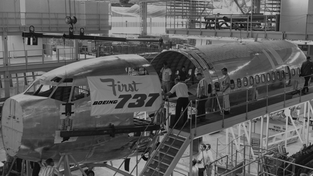 Assembly of the first 737, 1966. The first was built at Plant II then moved to the Thompson Site, where production for 737s had shifted.