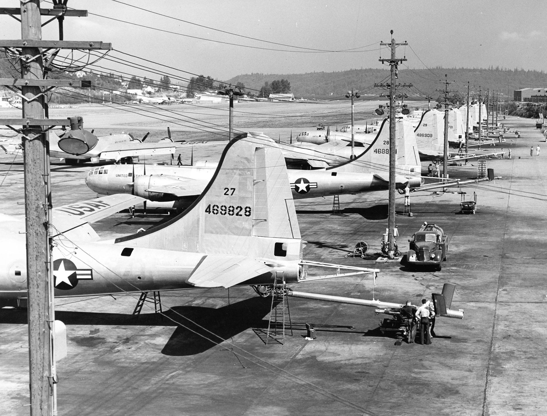 black and white photo of KB-29 tankers lined up on air field