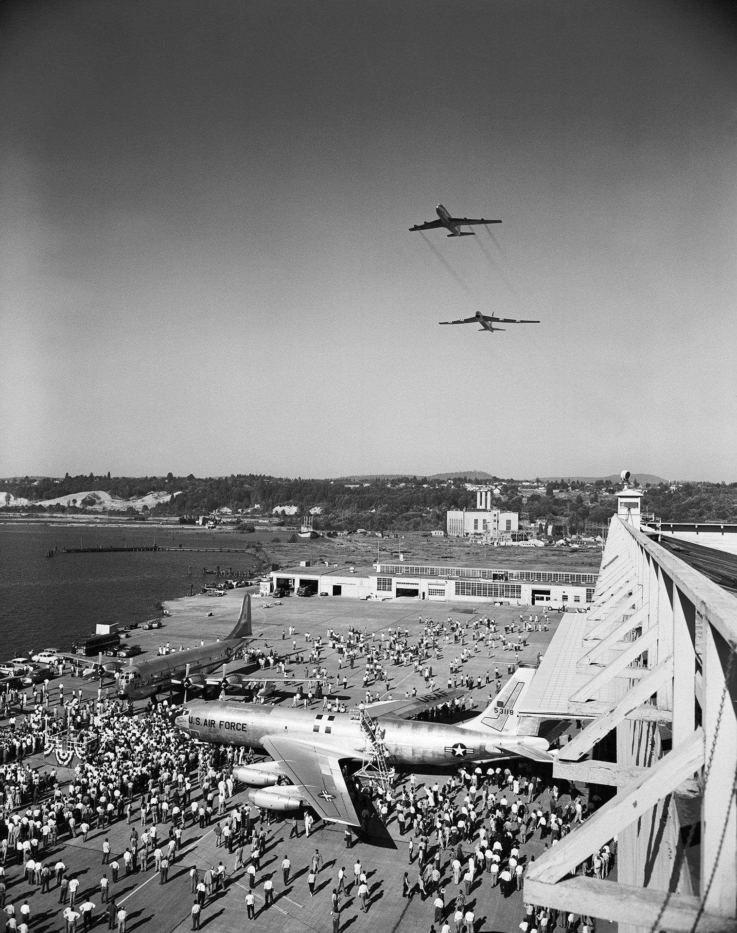 black and white photo of KC-135 rollout with flyover of B-52 and Dash-80