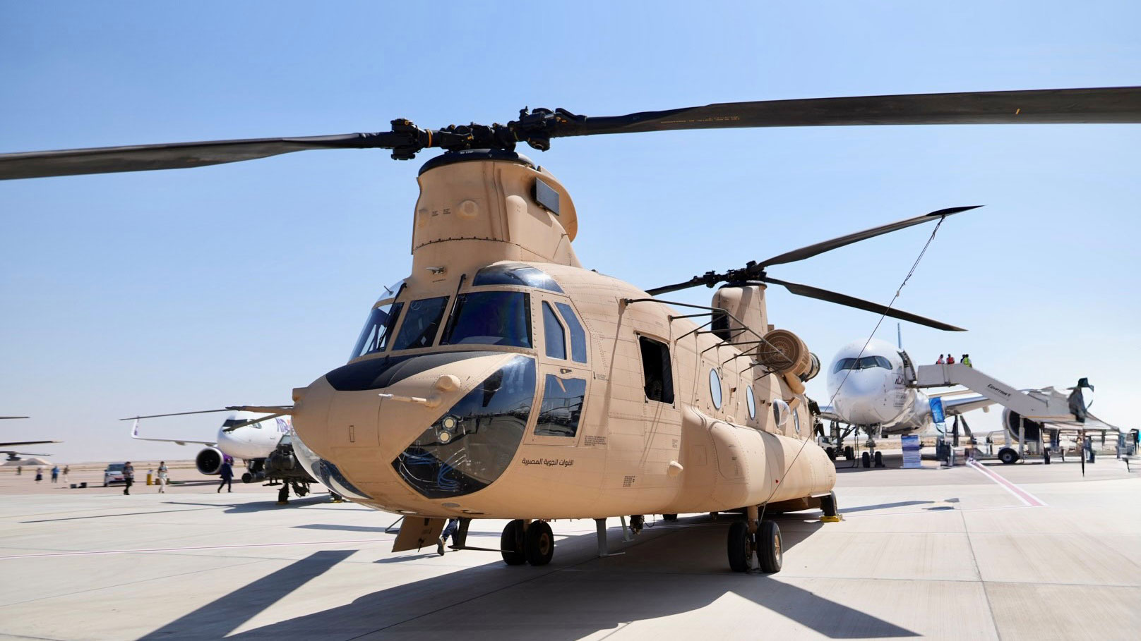 An Egyptian Air Force CH-47F Chinook displayed at the 2026 El Alamein Airshow.