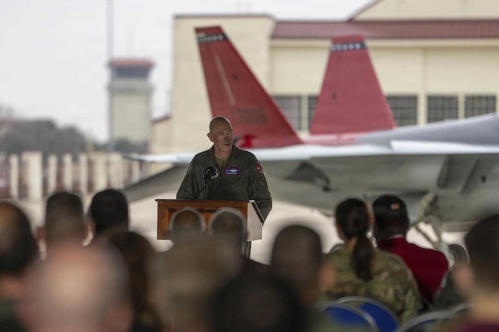 Lt. Gen. Clark J. Quinn, commander of Air Education and Training Command, presides over the T-7A Red Hawk arrival ceremony at Joint Base San Antonio-Randolph, Texas, Jan. 9. (U.S. Air Force photo by Jonathan Mallard)