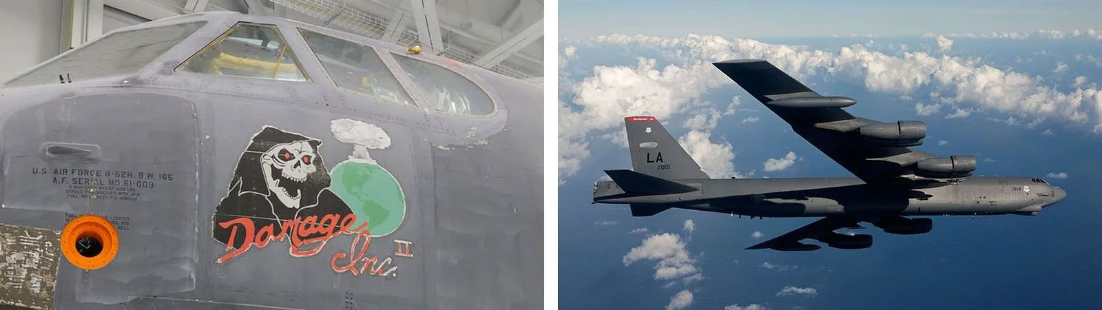 Left: Damage Inc. II, a full fuselage and wing of a decommissioned B-52, serves as a test bed for the B-52 modernization effort. Right: A B-52 flies over the Pacific Ocean. 