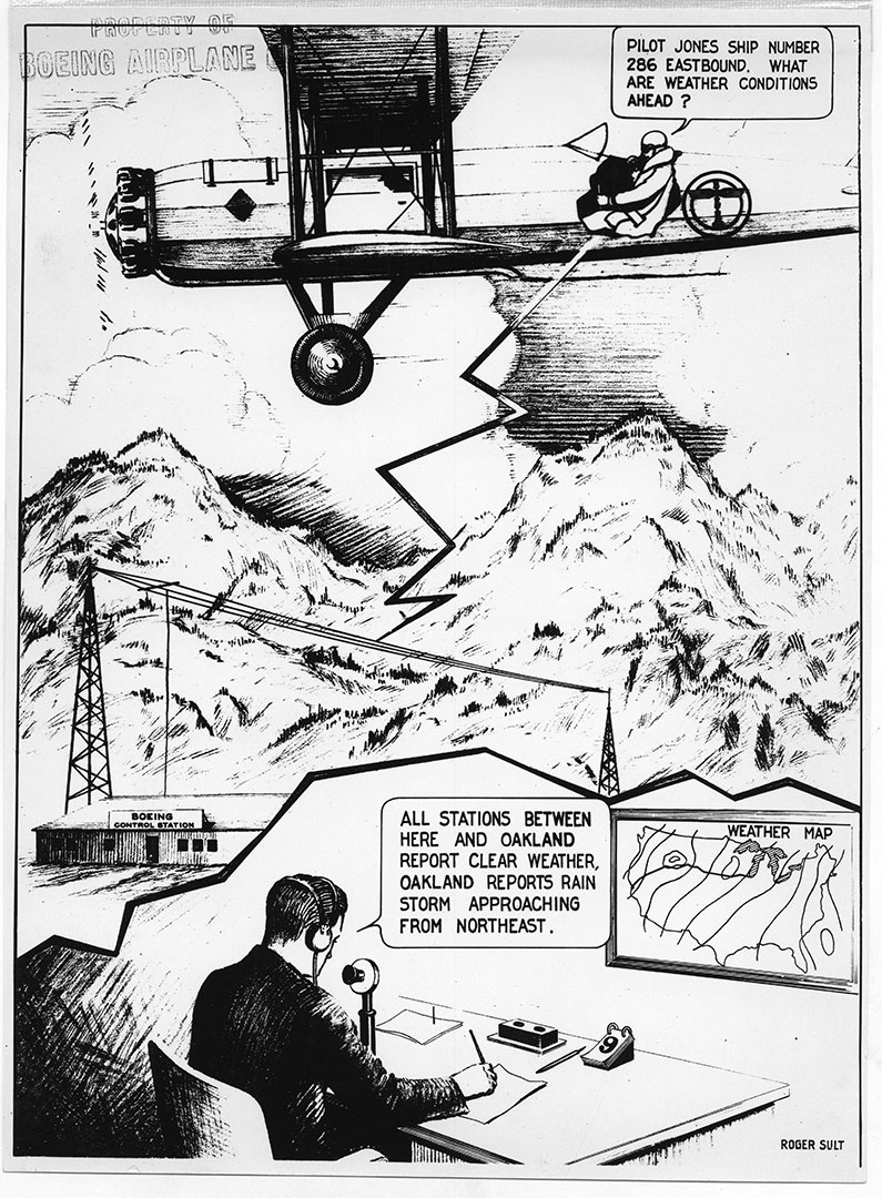 Black and white cartoon of plane flying and radio control operator communicating