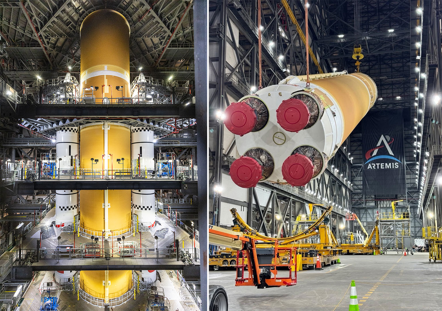 left - core stage in the HB3 with rocket boosters right – core stage 3 being lifted in the transfer aisle 