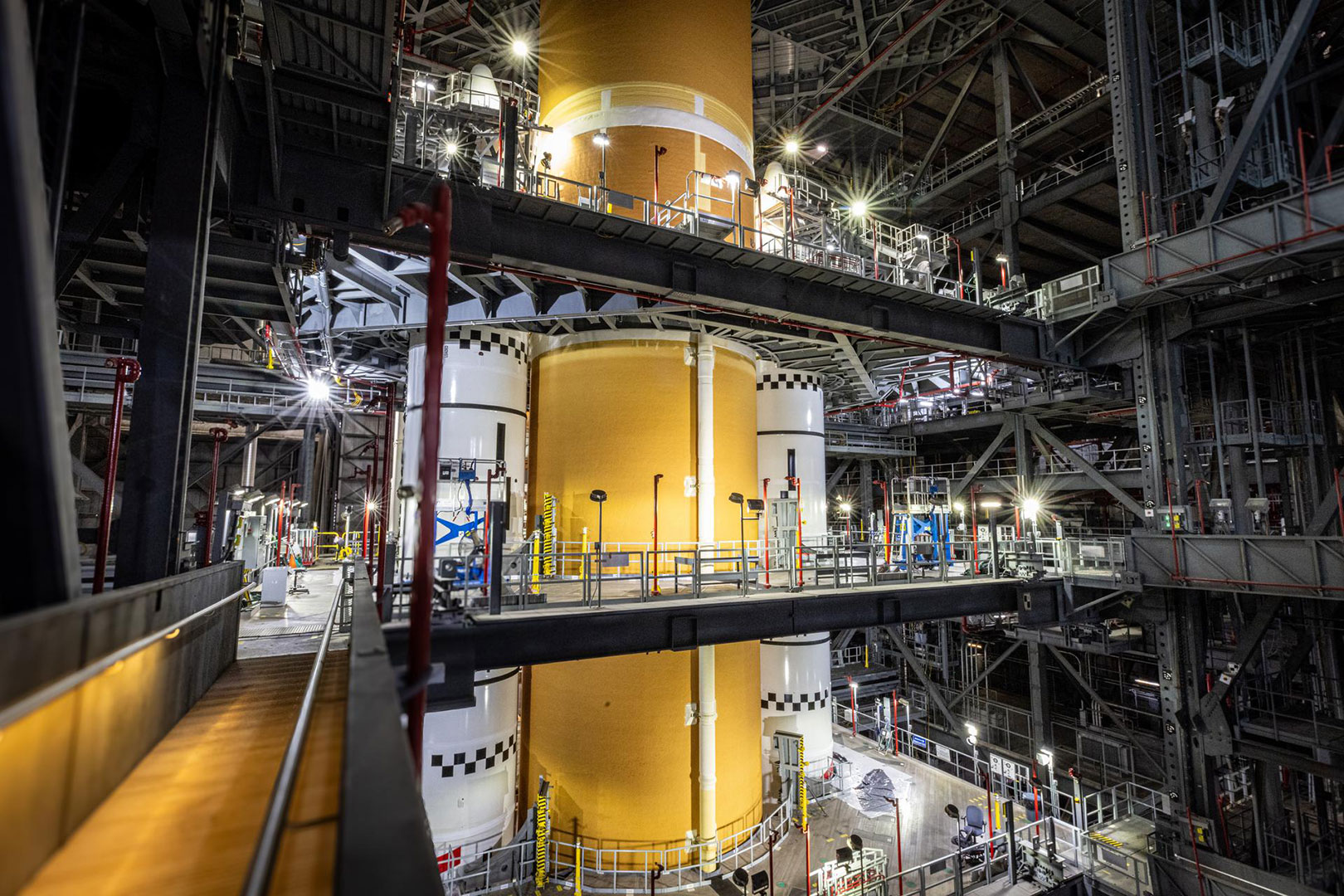 core stage 3 in high bay 3 with the rocket boosters
