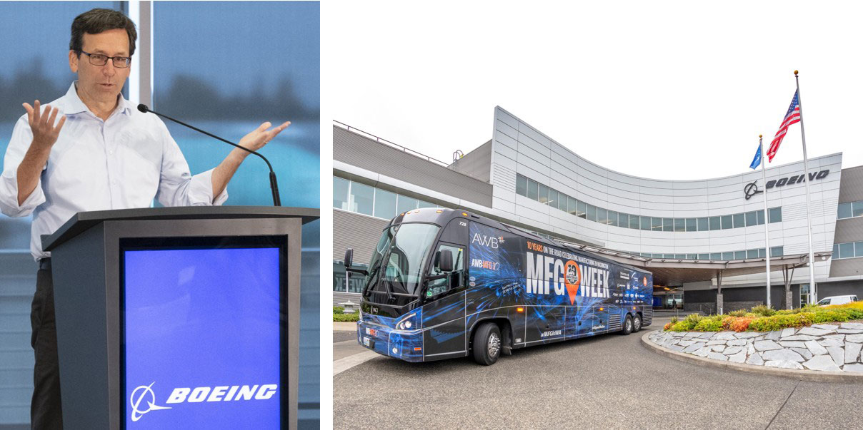 Washington Gov. Bob Ferguson speaks at the FlightPath: Building Our Future Together event at Boeing’s Everett site. The Association of Washington Business manufacturing week bus.