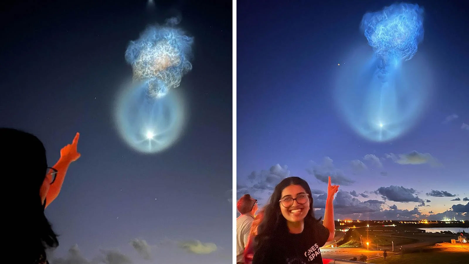 Genes in Space 2025 winner Nitya Johar at Kennedy Space Center in Florida watches the launch of the SpaceX CRS-35 mission carrying her experiment to the International Space Station