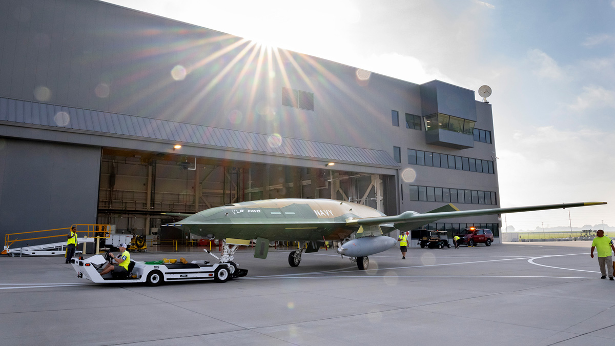 An MQ-25A towed at Mid America St. Louis Airport en route to a test flight. (Photo ©Boeing)