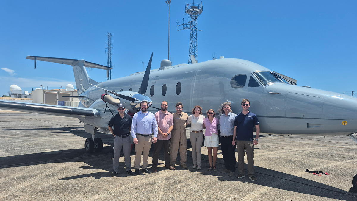 Boeing test engineers and pilots in front of test aircraft. Left to right: Daniel St. Pierre, Joshua Baker, Christopher Barron, Trey Shaw, Kayla Stice, Lexi Anderson, Paul Beauchamp, Evan Sutter. (Photo ©Boeing)