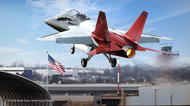 Boeing T-7A Red Hawk departs St. Louis Lambert International Airport 