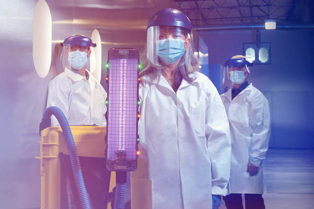 Boeing engineers Kevin Callahan, Teresa King and Jamie Childress with the UV wand 