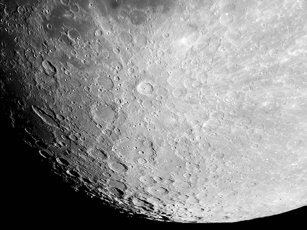 France. Seine et Marne. The Moon (age : 11 days). Large view of the south pole and the famous craters Schiller, Clavius and Tycho.
