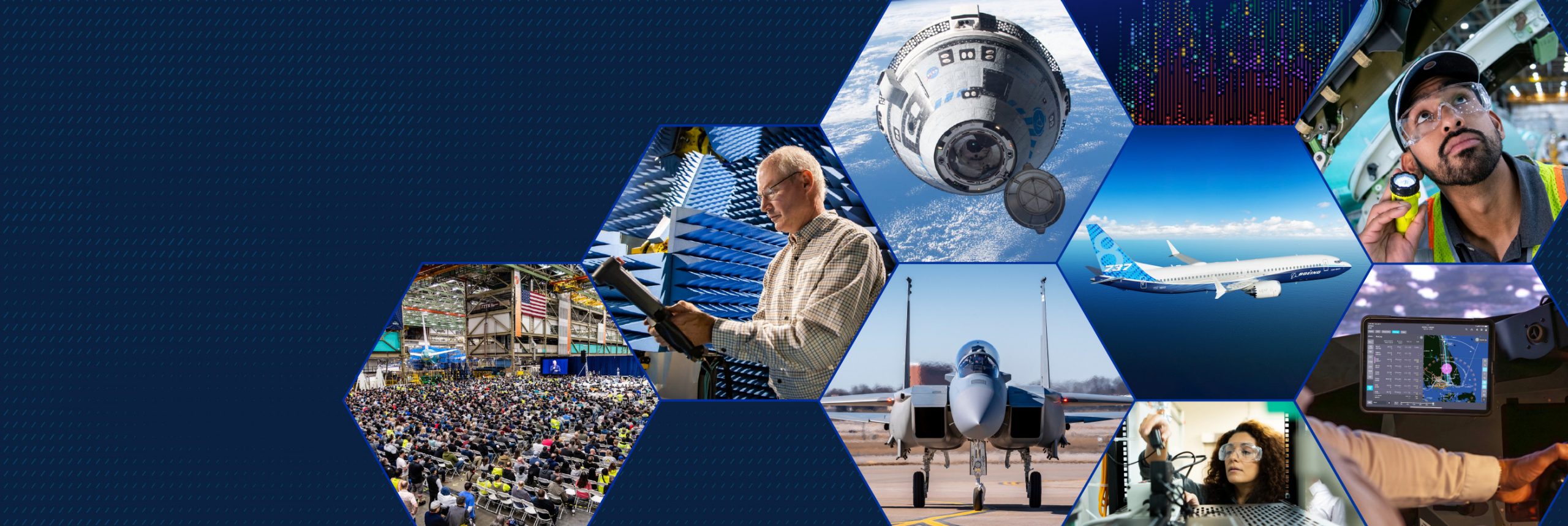 Images depicting multiple Boeing locations and employees in their work environment in a hexagon pattern