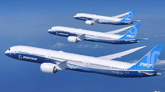Three Boeing 787 aircraft flying in formation against a clear blue sky, showcasing their sleek design.