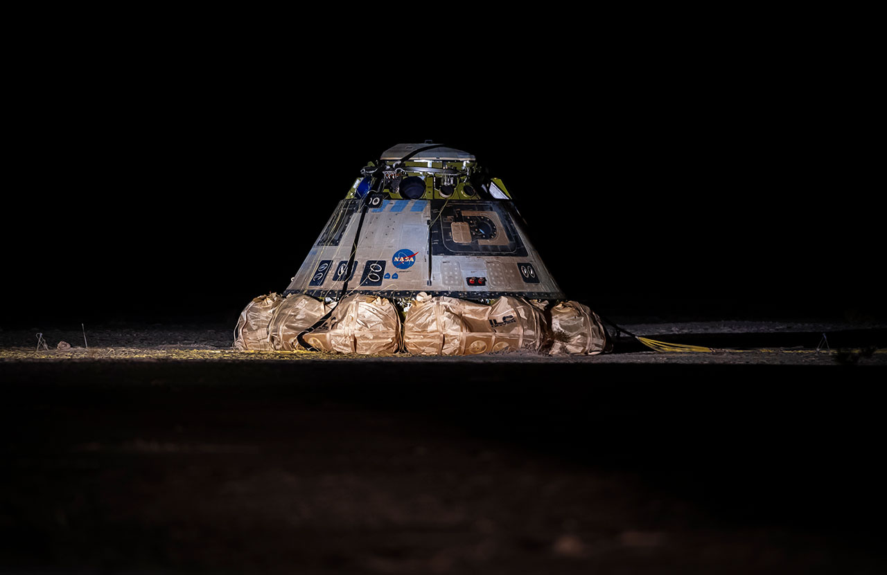 Boeing’s Starliner is seen after landing at White Sands Space Harbor at the U.S. Army’s White Sands Missile Range, New Mexico, at 12:01 Eastern time Saturday..