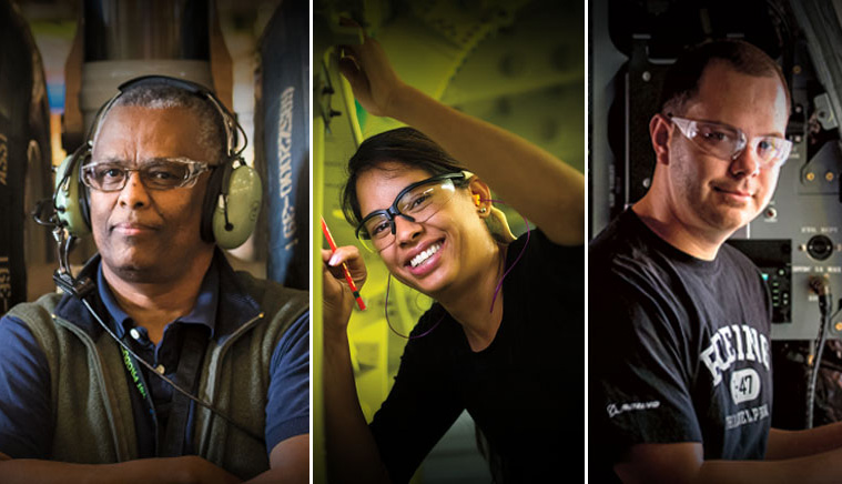 Three images side by side of an African American man, Asian woman, and Caucasian man all wearing safety glasses.