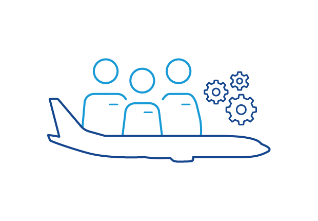 Icon representing flight operations with people, a plan, and cog wheels.