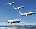Rendering of 4 airplanes in flight that make up the 7 3 7 MAX family.