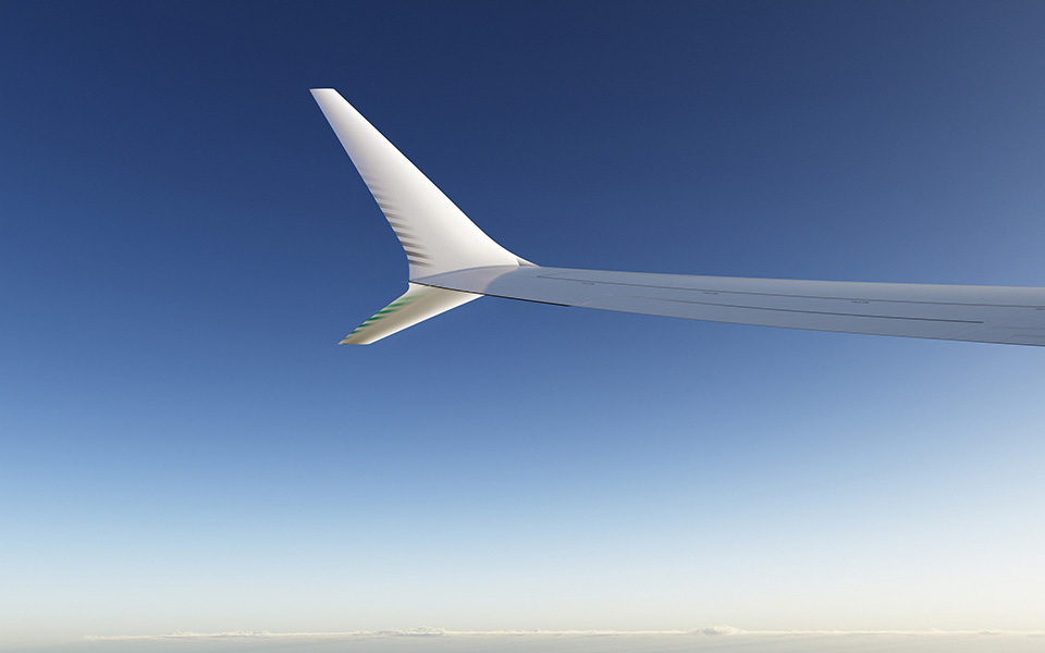 7 3 7 MAX 8 in flight, wing tip view.