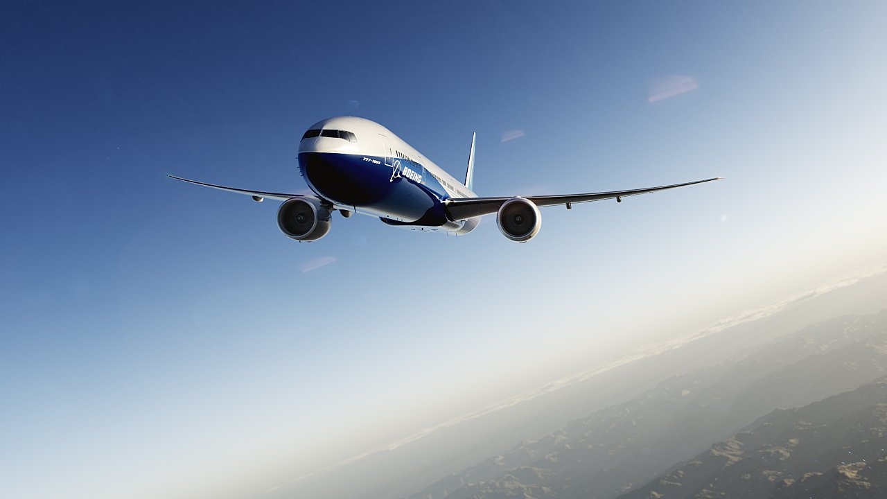 Picture of the Boeing 7 7 7 in flight.