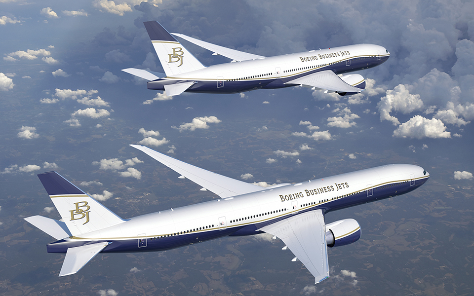 Picture of two Boeing Business Jets in flight.