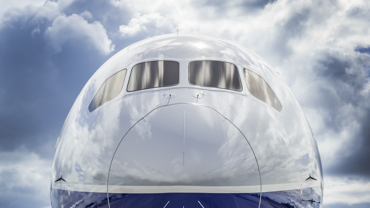 Close up picture of a Boeing airplane.