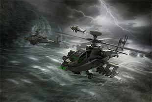 Image depicting apache helicopter flying over dark rough waters