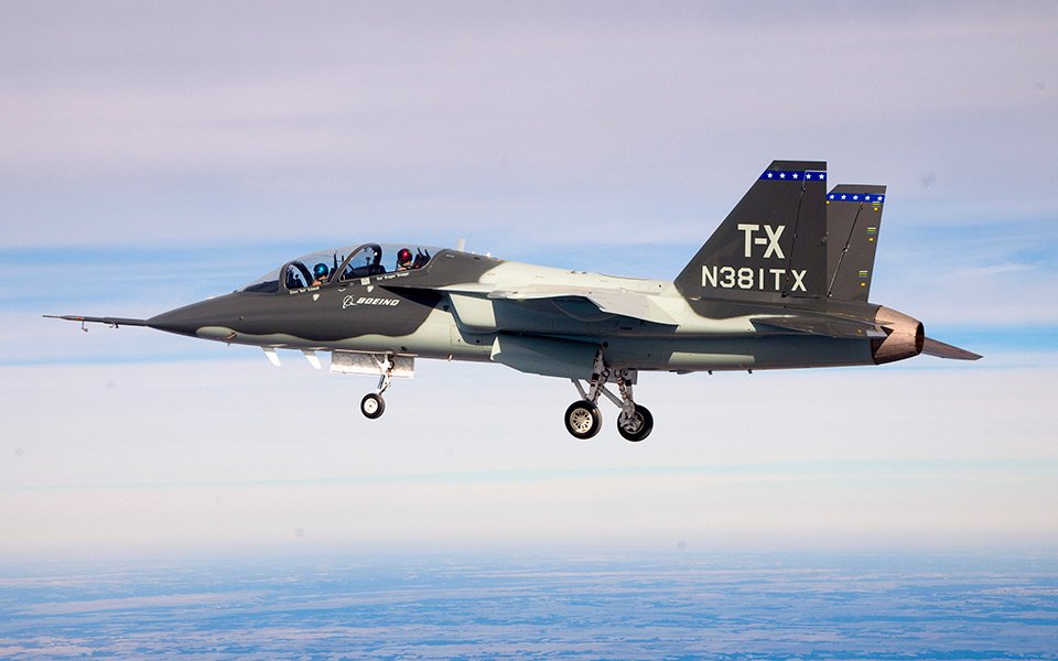 Picture of Boeing T-7A Red Hawk aircraft in flight.
