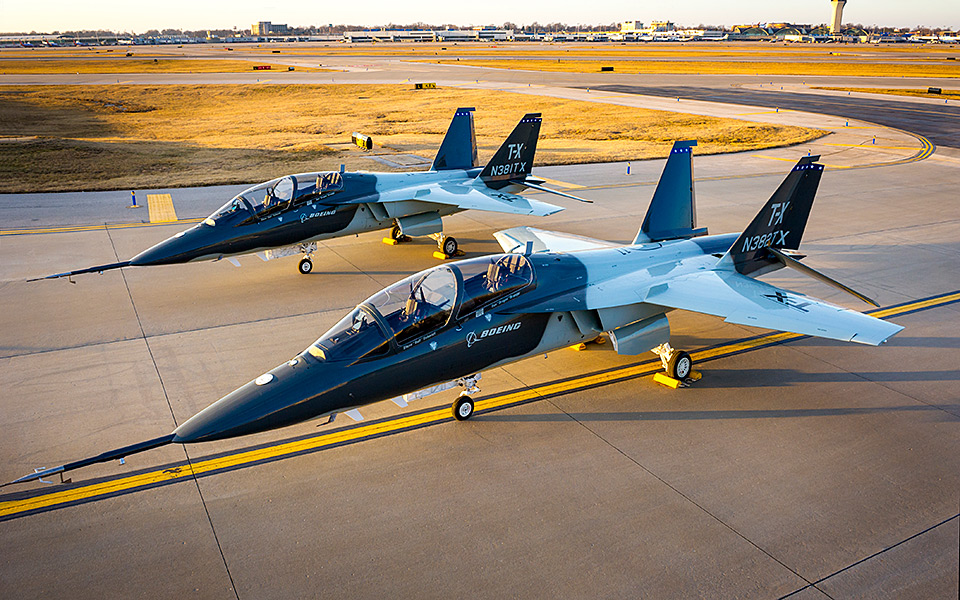 Picture of Boeing T-7A Red Hawk aircraft on flight ramp.