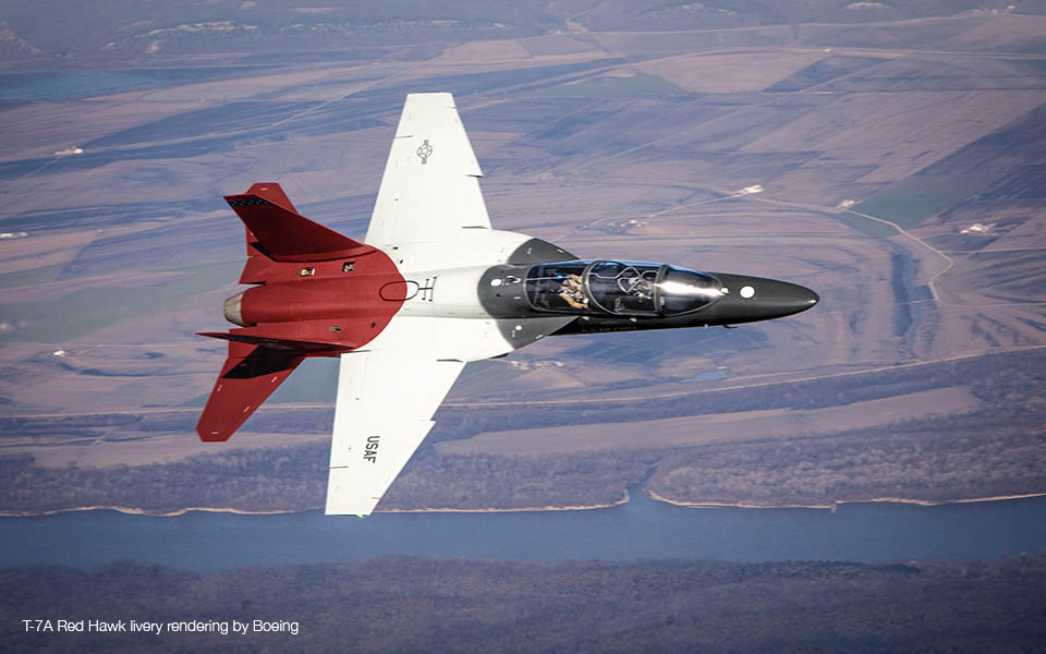 Picture of the T7A Red Hawk in flight.