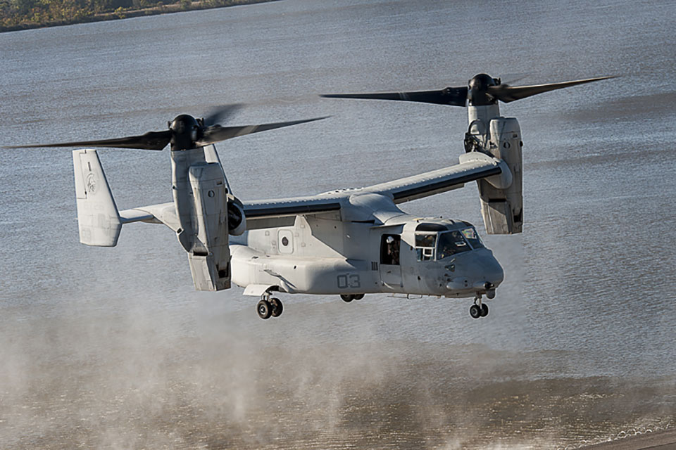 Picture of the V-22 Osprey at duck on flight deck.