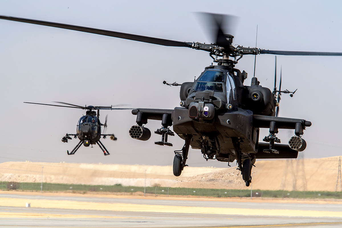AH-64E Apache (right) and an AH-6 Little Bird light attack and reconnaissance helicopter (left)