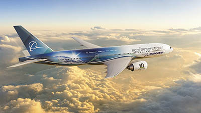 Boeing ecoDemonstrator 777-200ER in flight at sunset