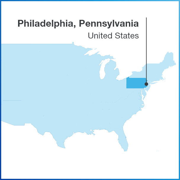 United States map highlighting Philadelphia, Pennsylvania