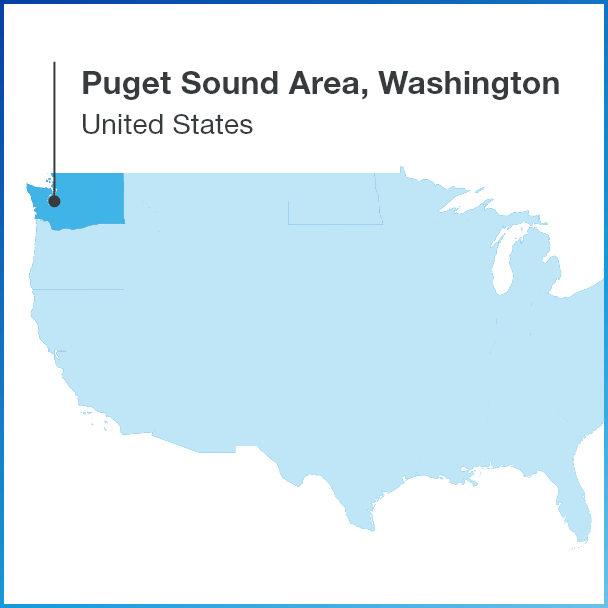 United States map highlighting Puget Sound Area, Washington state