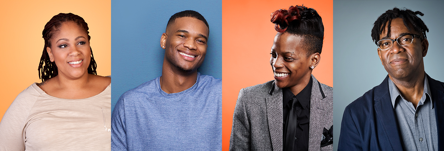 Image of four different people with different colored backgrounds.